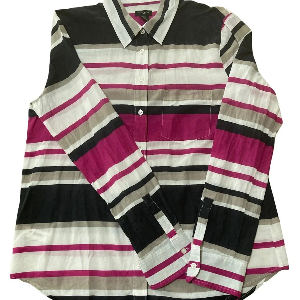 LOFT Button Down Top Pink & Black Stripes Long Sleeves Medium
